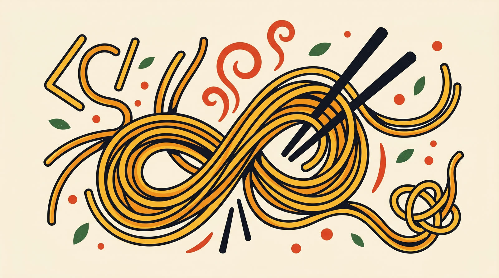 A tangle of noodles forming code symbols — the NoodleCodes house style